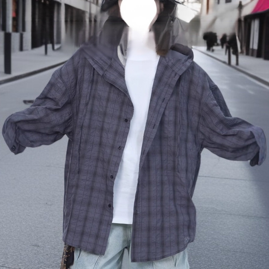 그레이 플레드 후드 긴팔 셔츠