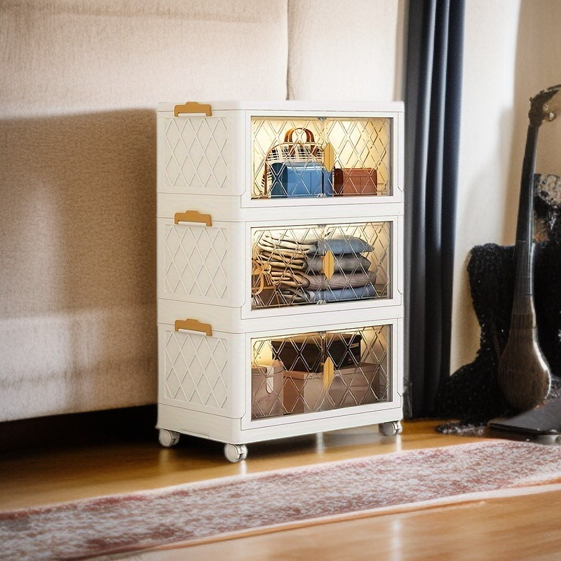 Caja organizadora de ropa con doble puerta y múltiples compartimentos