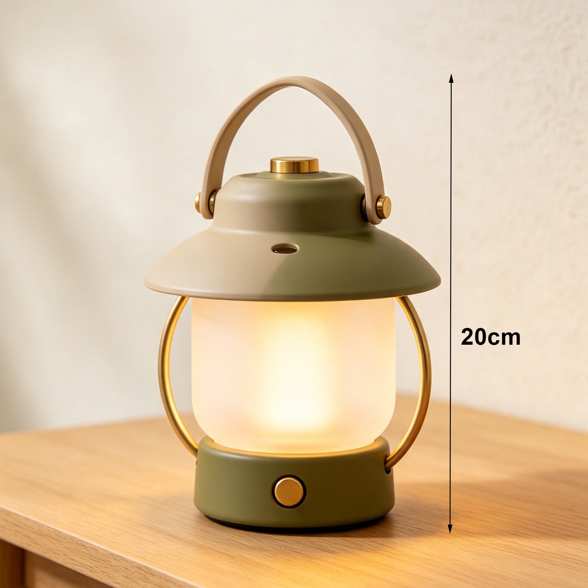 Portable camping night lights hanging from a tree branch outdoors