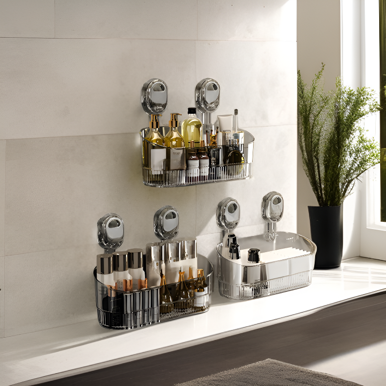 Organizador de baño con ventosa, montaje en pared sin perforaciones, ligero y elegante