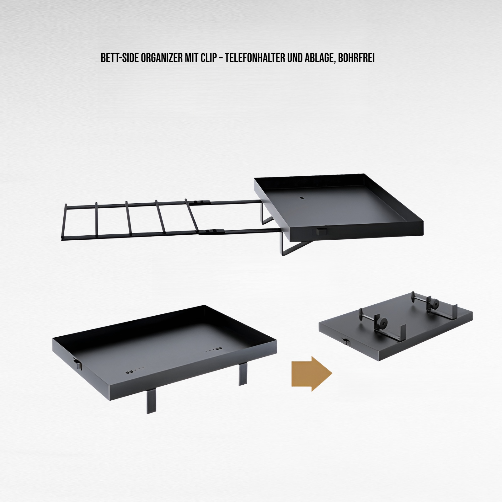 Bett-Side Organizer mit Clip – Telefonhalter und Ablage, bohrfrei
