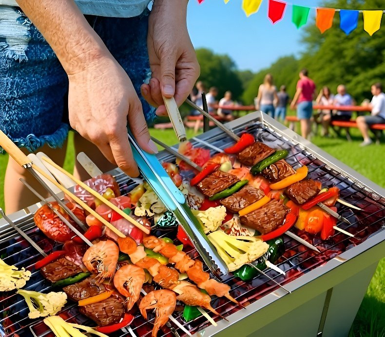 キャンプ場で設置された折りたたみグリル