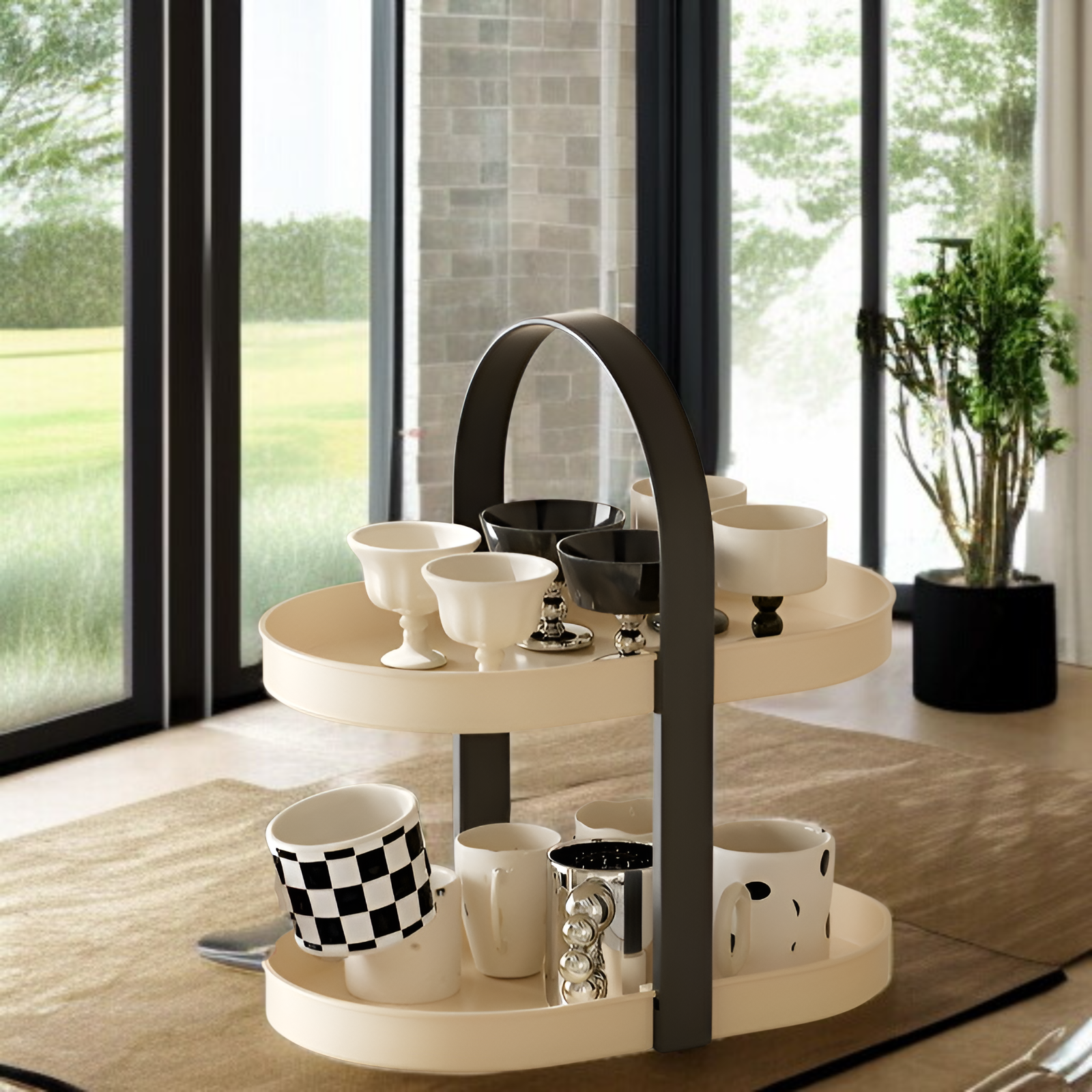ティーカップマグコーヒーカップデスクトップティーテーブルカップホルダー防塵軽量高級シンプル多層パンチフリーフロア収納ラック