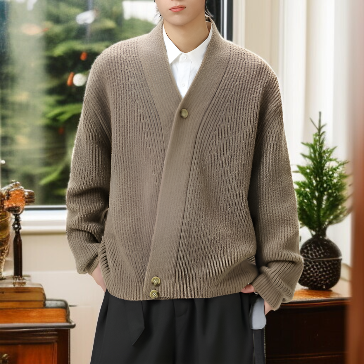 和風レトロ高級厚手斜め前立てニットウェア