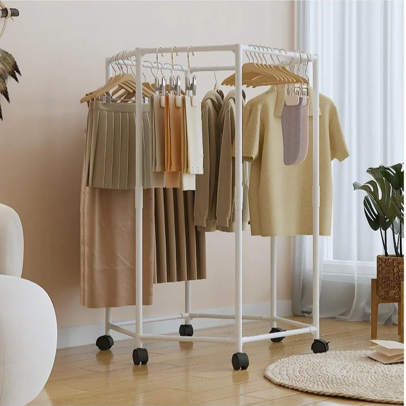 Hexagonal Rotating Floor Clothes Rack, Movable Dormitory Indoor Coat Hanger