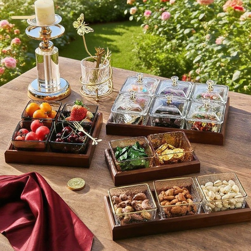 고급 유리 칸막이로 구성된 말린 과일 수납판