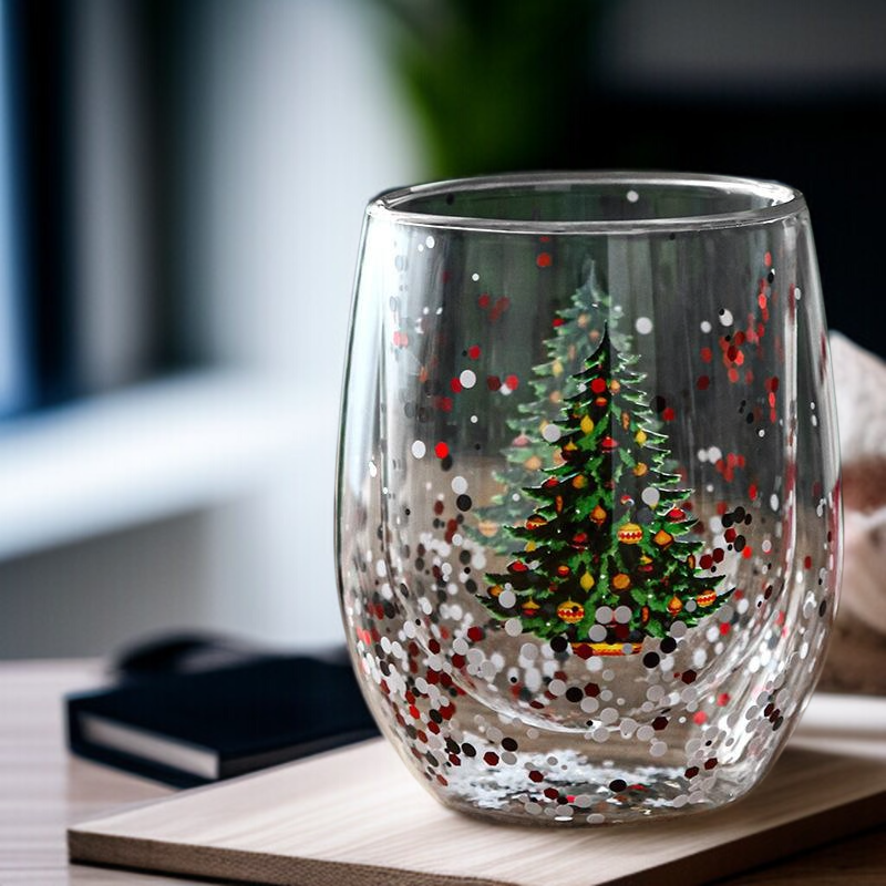 Weihnachtsbaum-Glasbecher mit doppelter Wand und beweglichen Pailletten