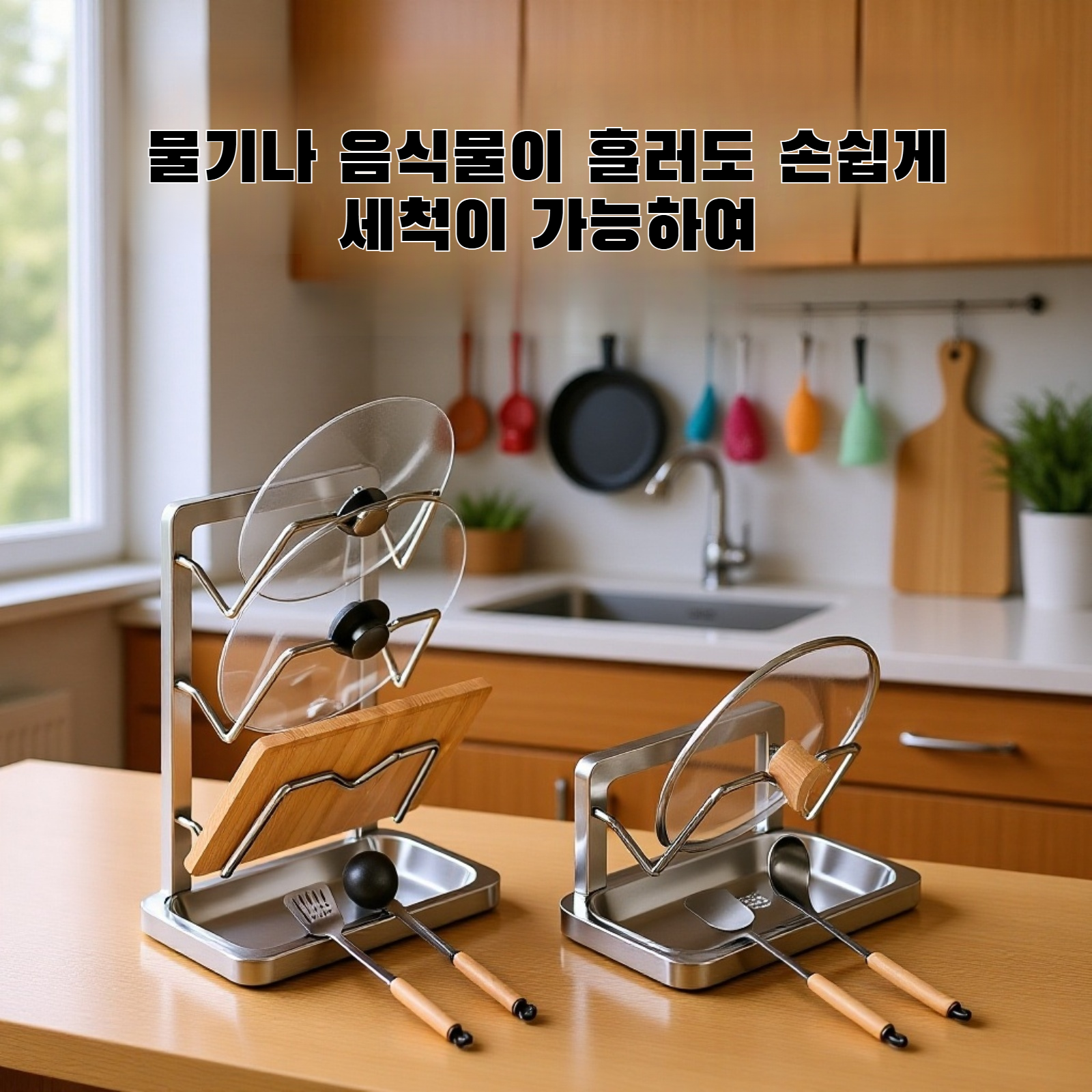 주방 조리대에 설치된 냄비 뚜껑 걸이 모습