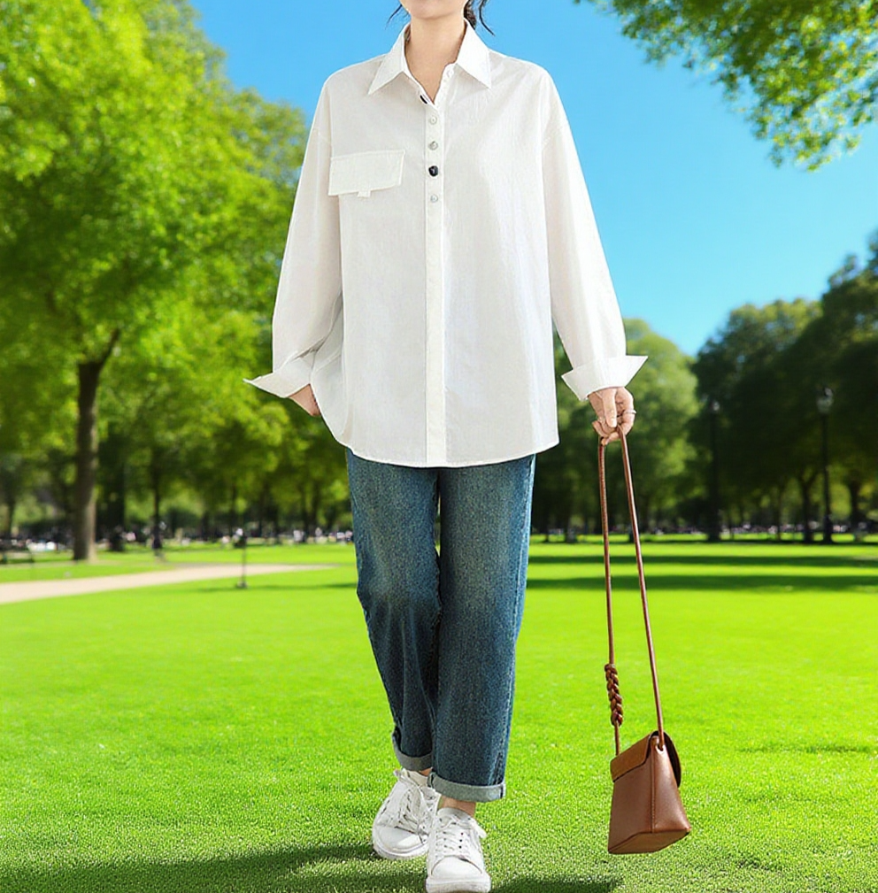 캐주얼 루즈핏 단색 터틀넥 긴팔 셔츠 전면 이미지