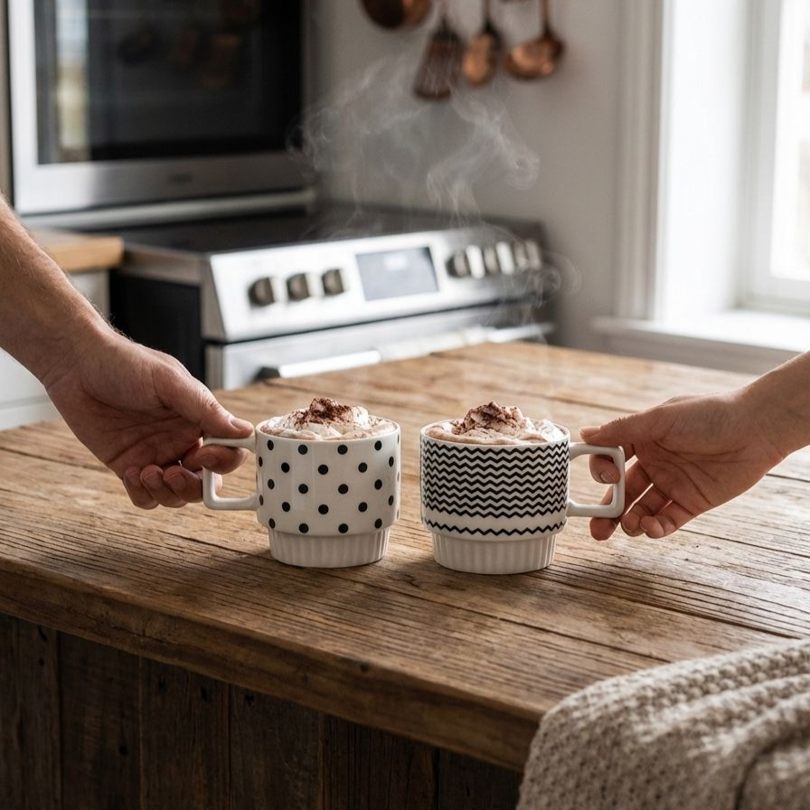 陶器製白黒コーヒーカップの質感クローズアップ