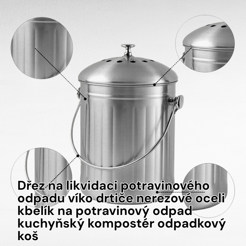 Nerezový odpadkový koš na zpracování kuchyňského odpadu s víkem – kuchyňský kompostér