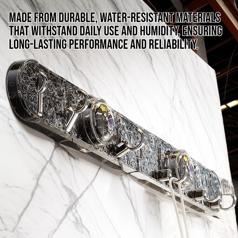 Bathroom corner hook holding towels and loofahs