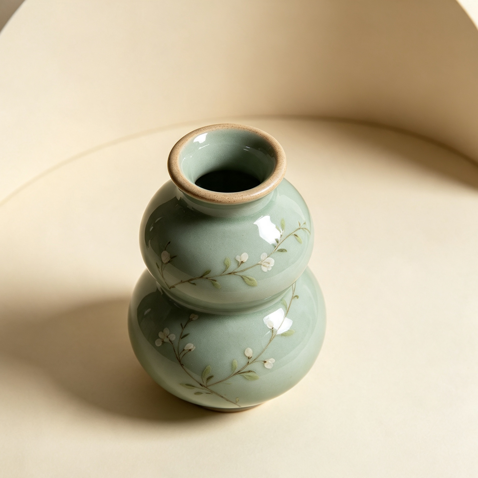 手描き模様が美しい青磁のひょうたん型花瓶