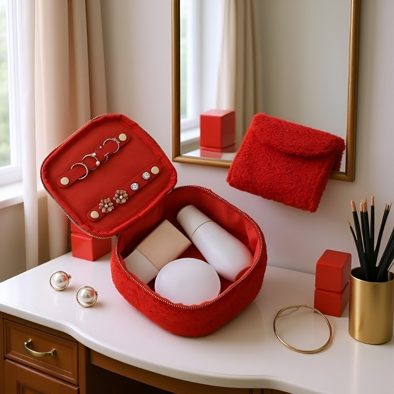 Bolsa multifuncional de maquillaje y joyería, caja de joyas de felpa de cordero