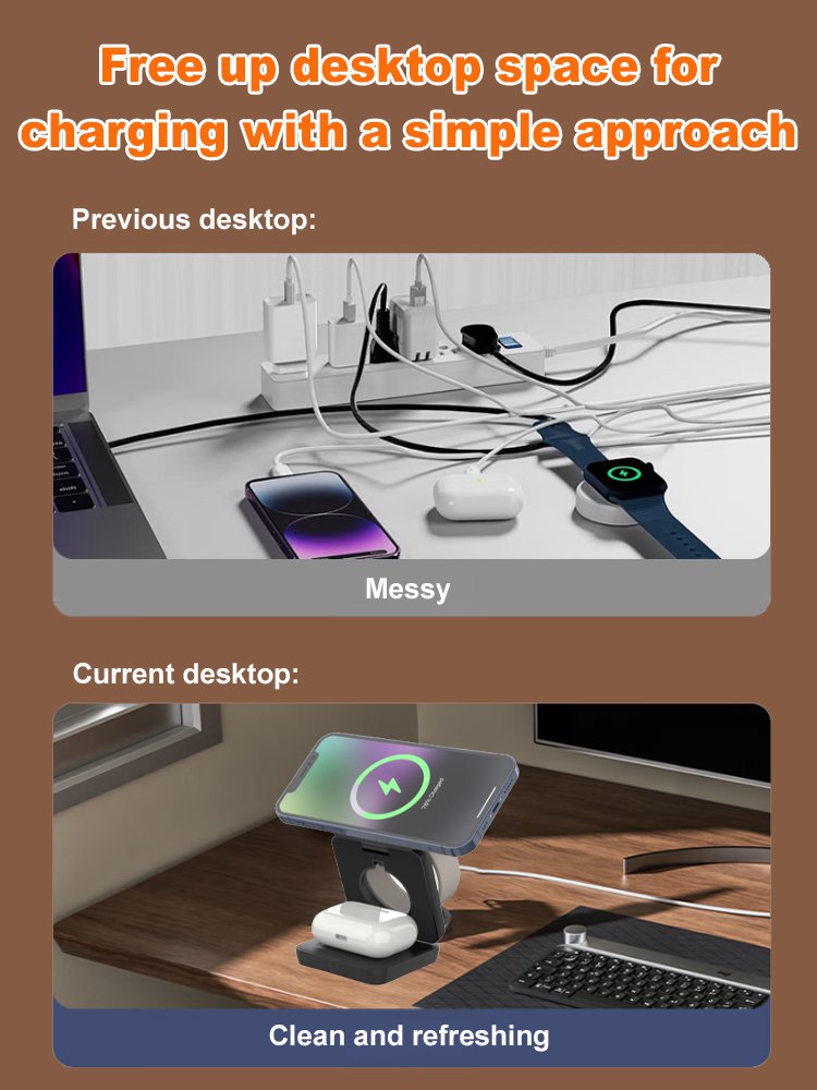 【 Say goodbye to clutter 】 Three in one folding magnetic wireless charger