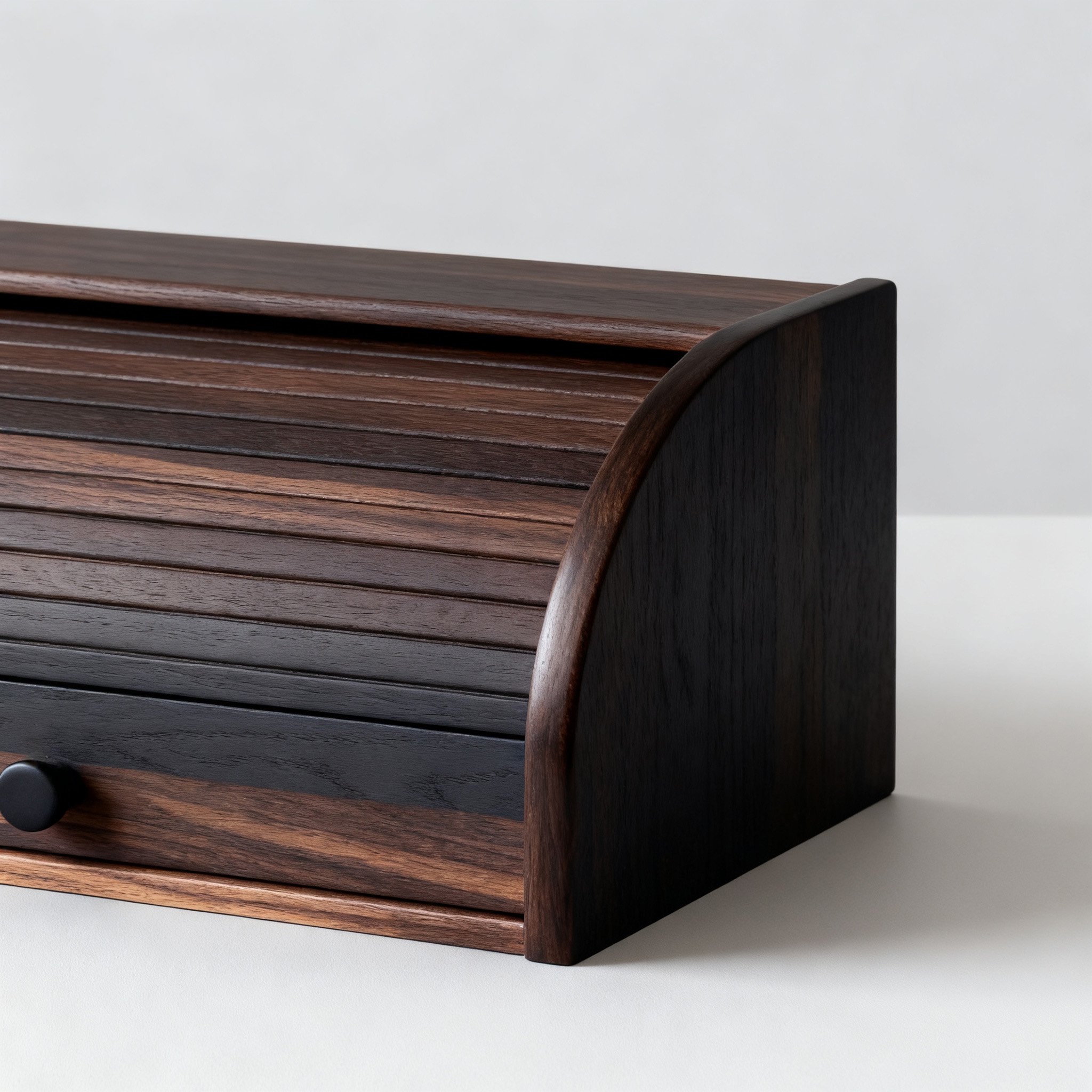 กล่องไม้เก็บของดีไซน์โบราณทรงโค้งถ่ายจากมุมด้านหน้า