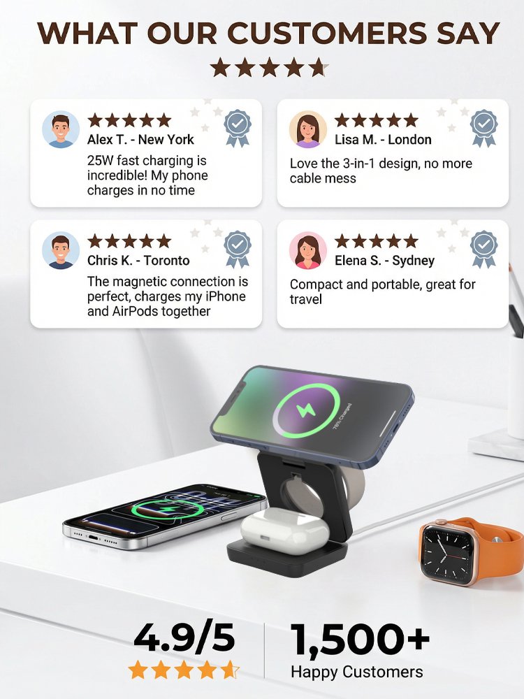【 Say goodbye to clutter 】 Three in one folding magnetic wireless charger