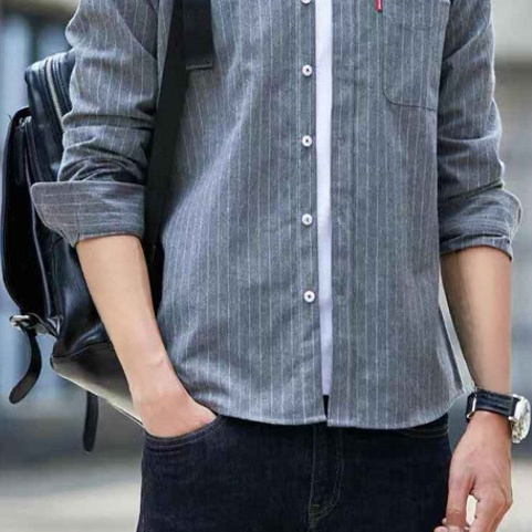 男士加絨長袖條紋休閒襯衫