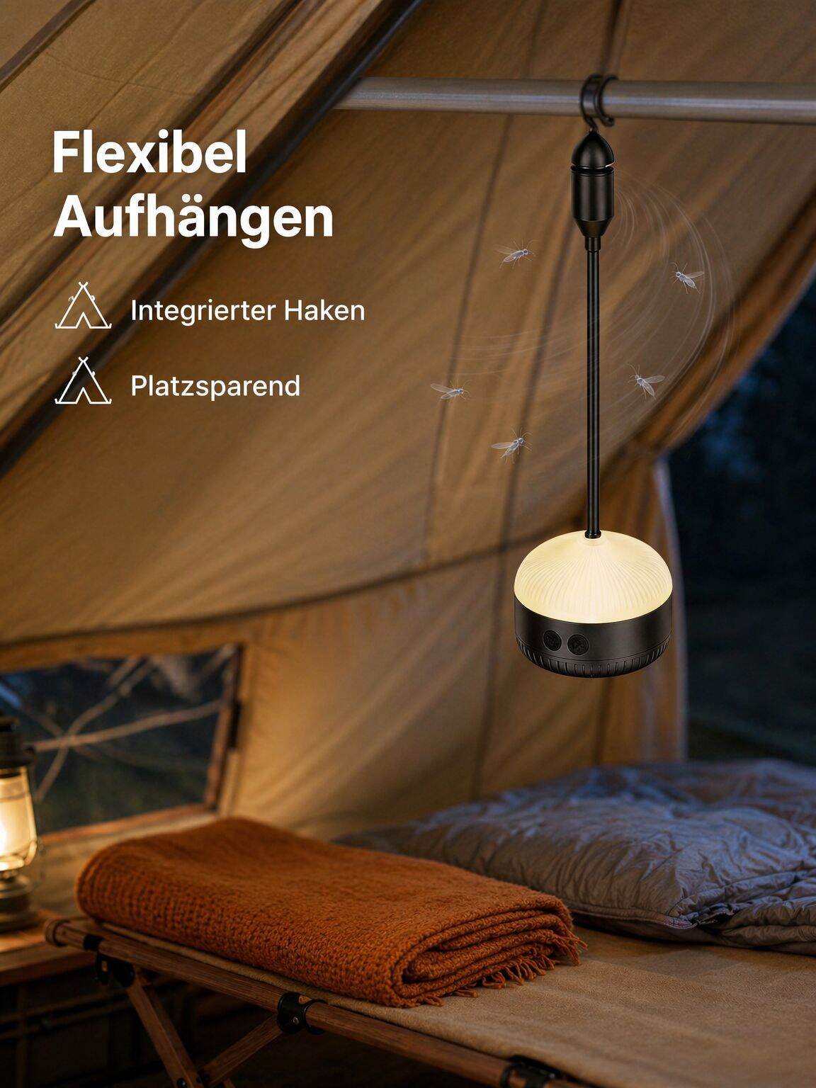 Mückenabweisender Ventilator mit Licht, zum Aufhängen geeignet, multifunktionales, tragbares Nachtli