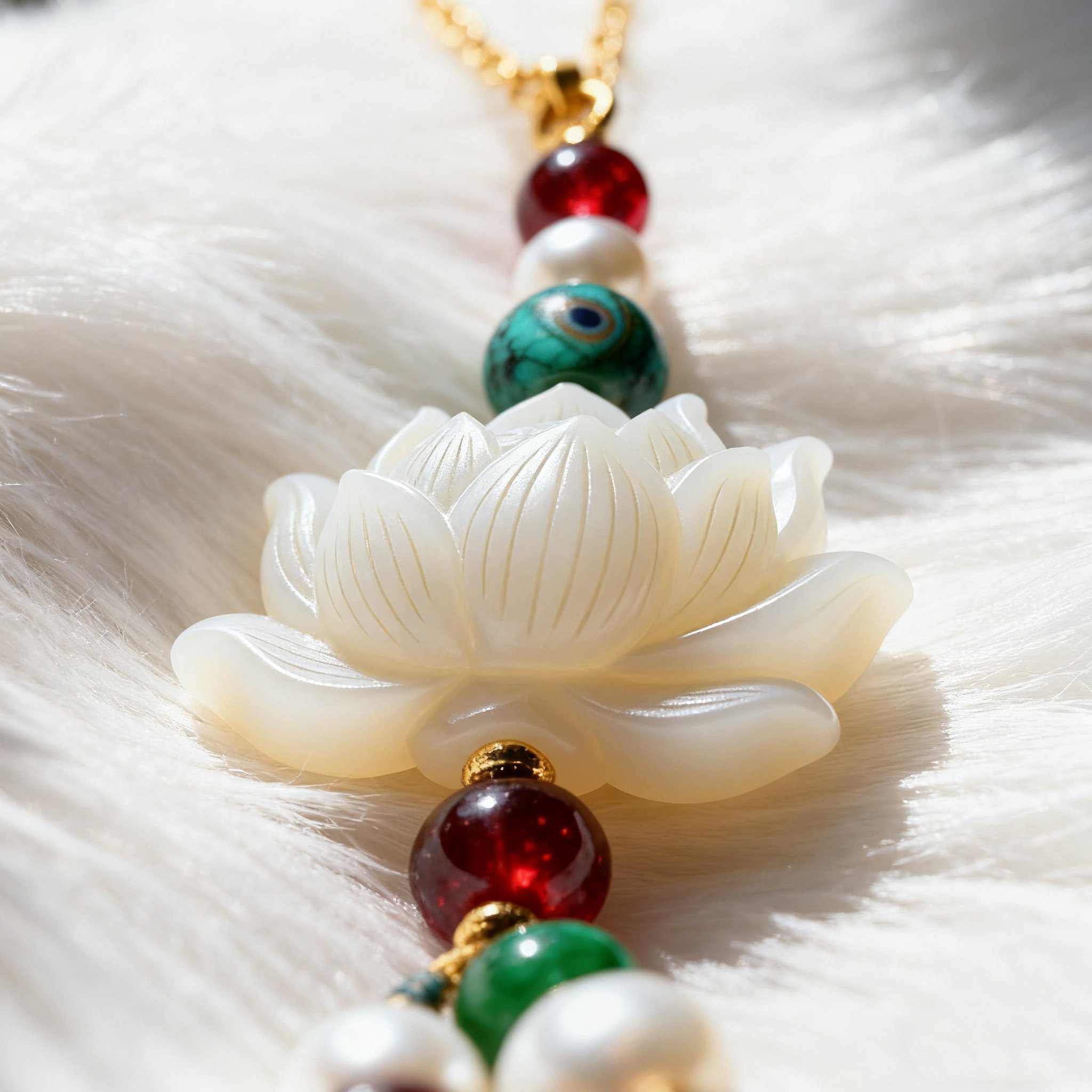 Handykette mit Lotusdesign und bunten Steinen