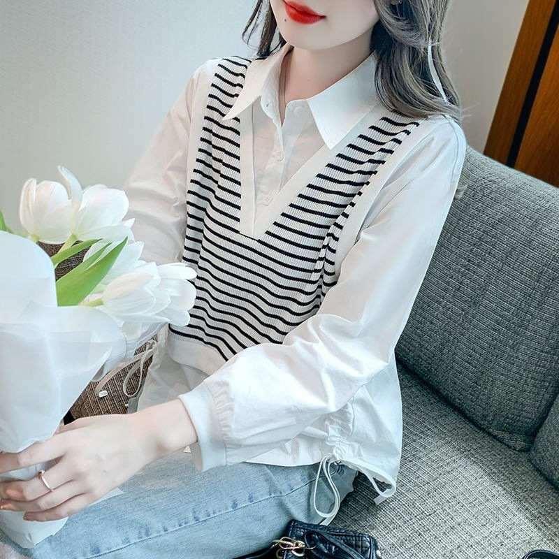 날씬해 보이는 스트라이프 셔츠 여 가을 휴가 투피스 긴팔 셔츠 예쁜 니트 쉬폰 상의 작은 셔츠 스트라이프 여 셔츠 상의