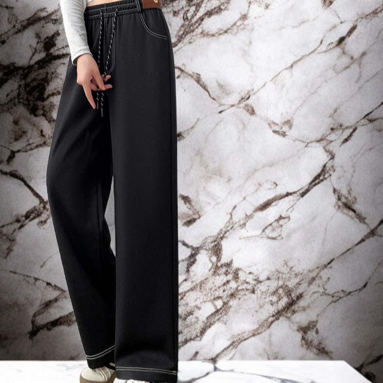 ハイウエストのストレッチフリース裏地付きカジュアルジーンズ