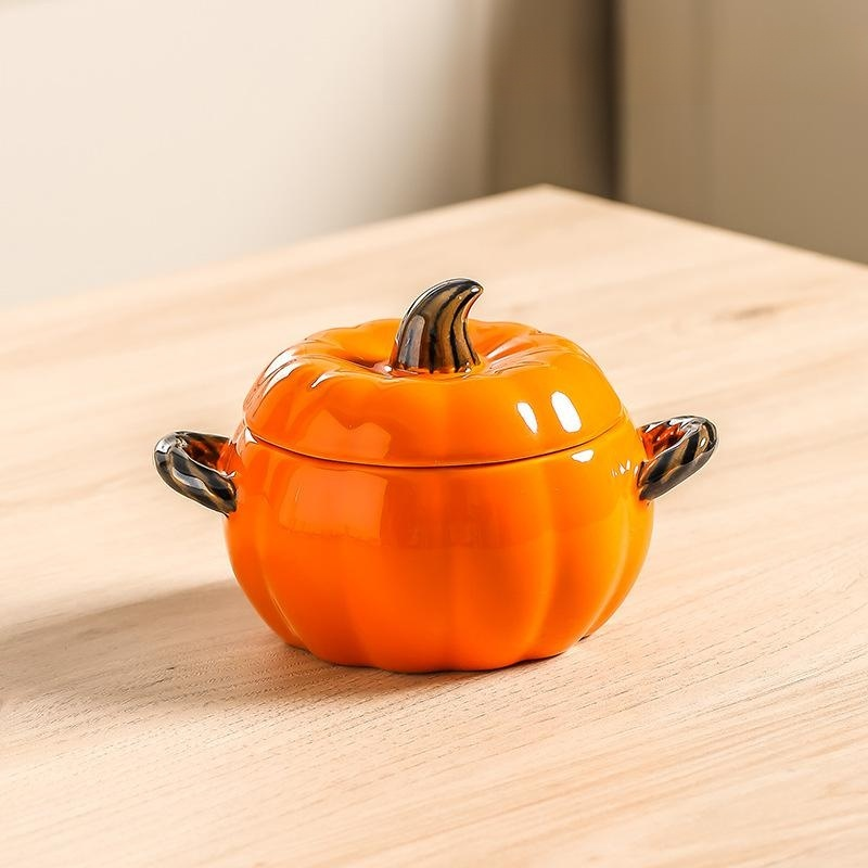Large Ceramic Pumpkin Soup Bowl with Lid and Double Handles, Anti-scalding for Home Use