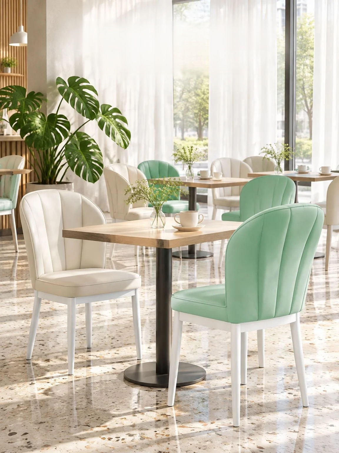 Modern minimalist cream-style dining chair with clean contemporary lines