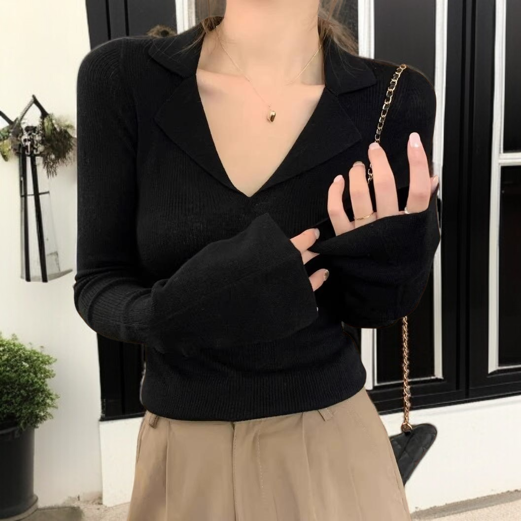 여자 추동 이너 쇄골 시크 긴팔 니트 브이넥 이너 톱