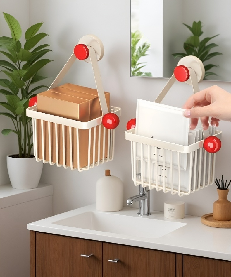 주방용 벽걸이 바구니에 다양한 용품 수납