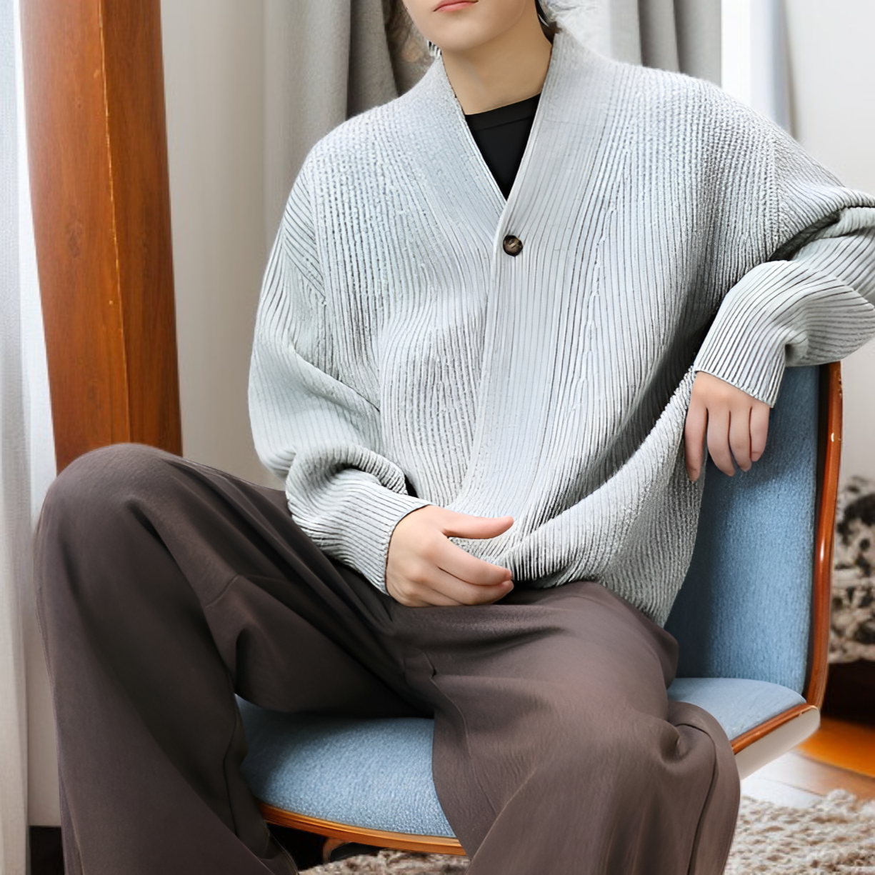 日本のレトロな老舗風カーディガンセーター、秋冬風、ローブ風ニットウェア、厚手で高級感のある斜め前立てコート。