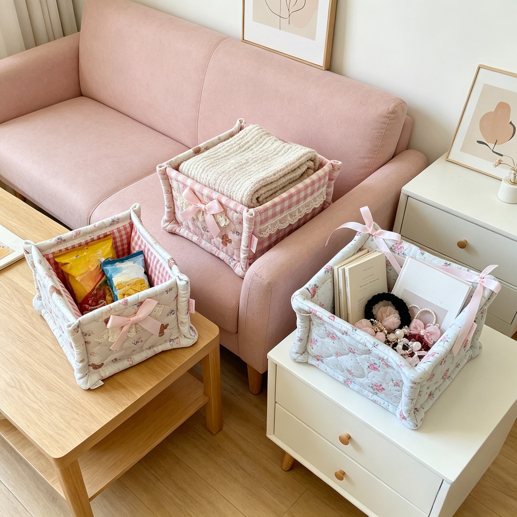 Panier de rangement en tissu à carreaux roses style coréen