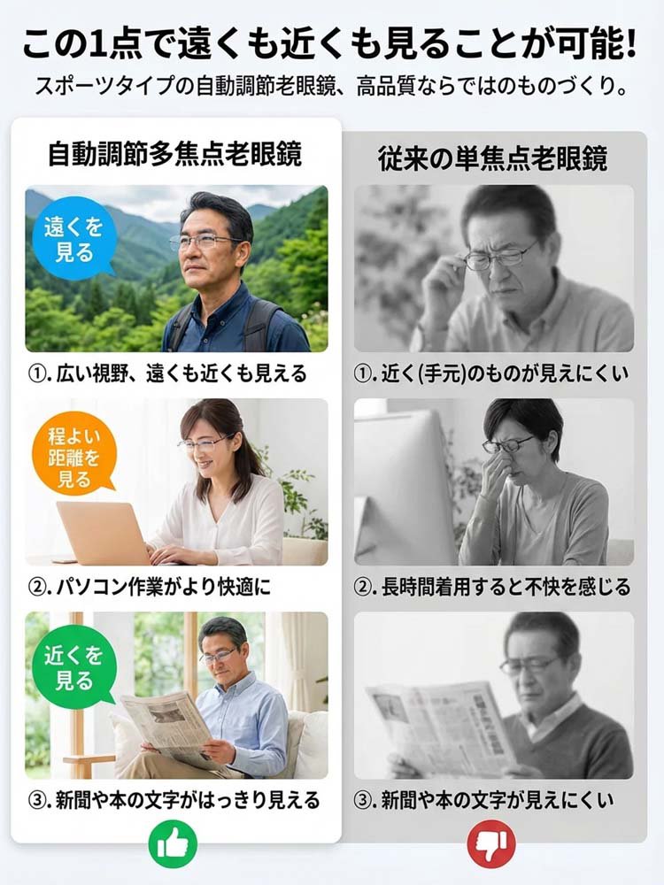 【日本製】福井県鯖江市産 調光オートフォーカス老眼鏡｜超軽量(5g)フレームレスレンズ✨2026年お正月期間限定半額セール！