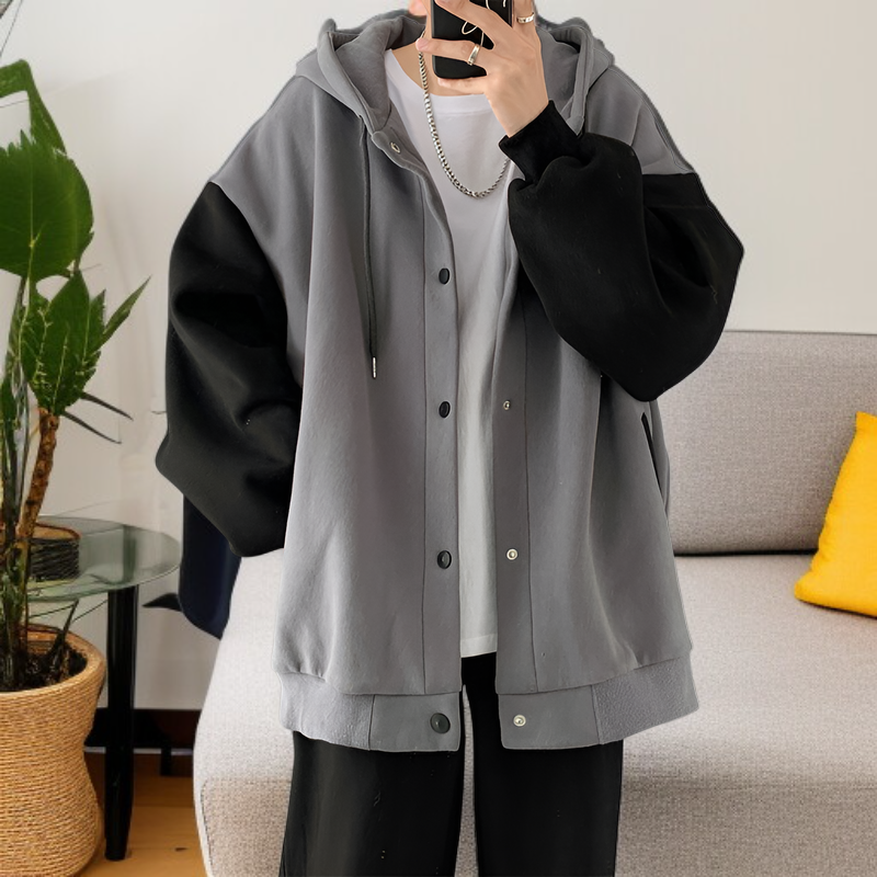 香港スタイルの秋と冬の男性用カジュアルカーディガンジャケット、ベルベットと厚みのあるトレンディなスプライシングスウェットシャツ、ルーズフード付きスウェットシャツ、カップル着用