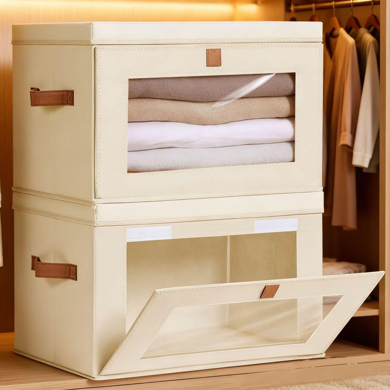 Foldable Side-Open Storage Box with Lid and Transparent Window