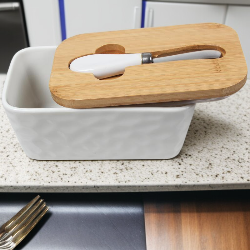 Butterdose aus Keramik mit Steinmuster und Deckel