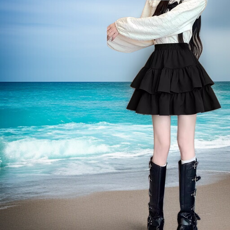 봄여름 키 작은 프릴 스커트 여성 하이웨스트 날씬해 보이는 반신 스커트 케이크 스커트 스커트 프릴 봄여름 하이웨스트 반신 스커트
