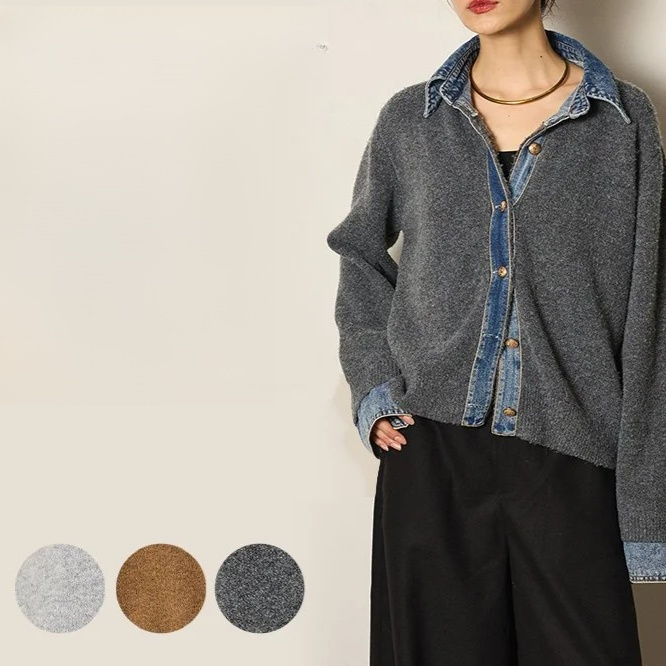 デニム切り替えデザインのニットアウター前面画像