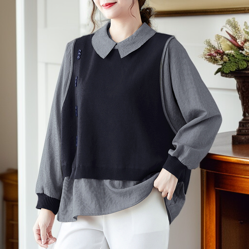패션 셔츠 엄마 봄옷 이너 스몰 셔츠 빅사이즈 셔츠 칼라 중년 여성복 가짜 투피스 상의 통통 엄마 셔츠