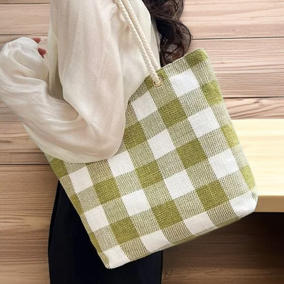 Big Plaid Canvas Tote Bag, Spacious Shoulder Handbag