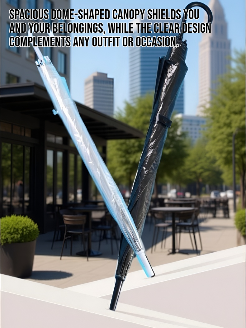 Transparent long-handled umbrella open on a rainy day