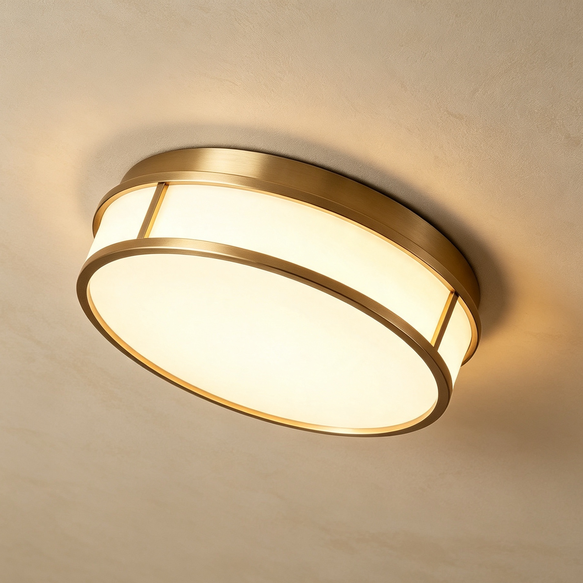 Minimalist round ceiling lamp illuminating a cozy bedroom