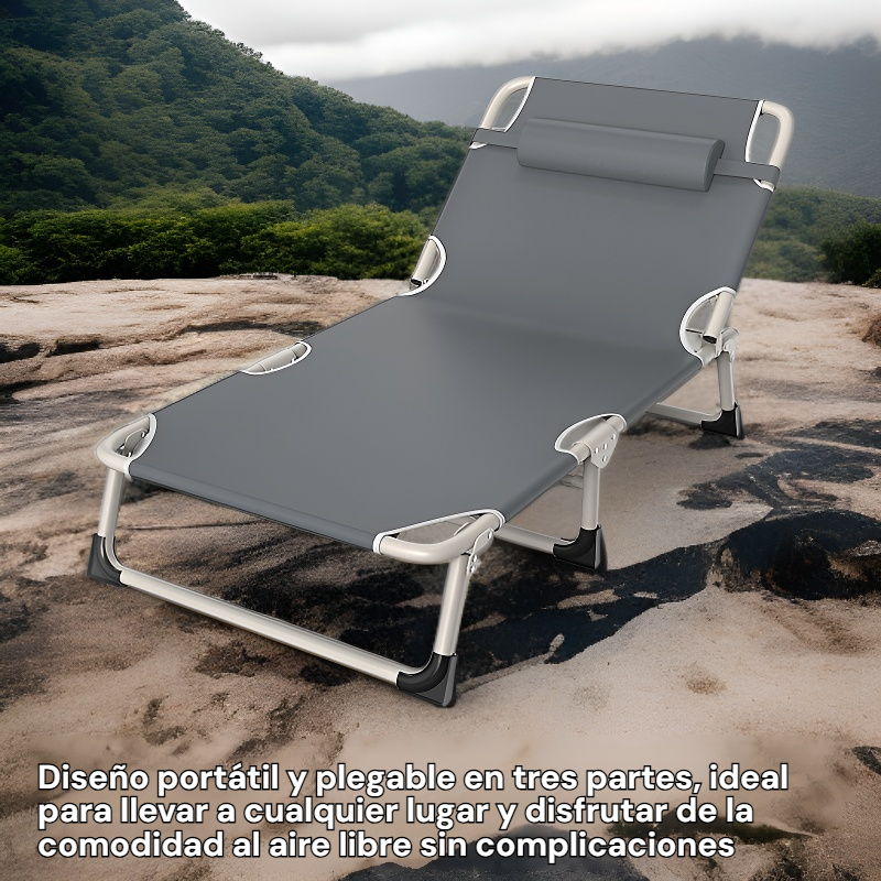 Cama portátil de tubo de hierro de tres pliegues para exteriores con almohada