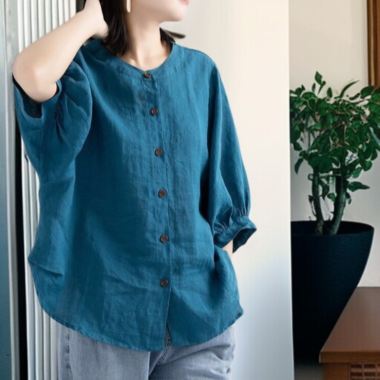 여성 빈티지 문예 벌룬 소매 셔츠 빅사이즈 루즈핏 반팔 셔츠 상의 여성 루즈핏 셔츠