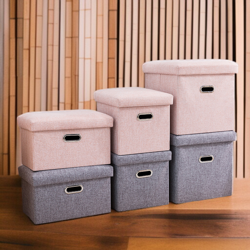 Przenośny składany stołek do przechowywania z imitacji lnu, do zmiany obuwia w domu