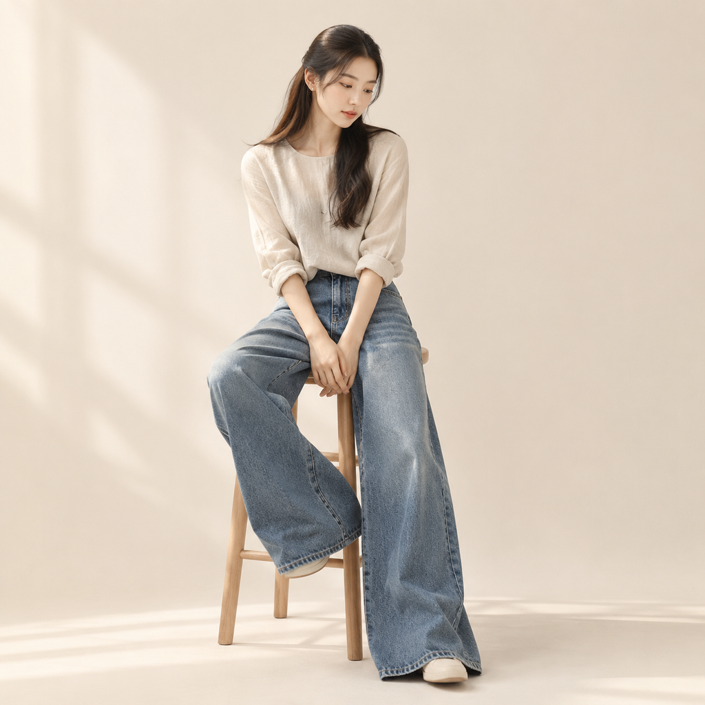 봄가을 무허리 디자인 A라인 루즈핏 와이드 데님 팬츠 여성용