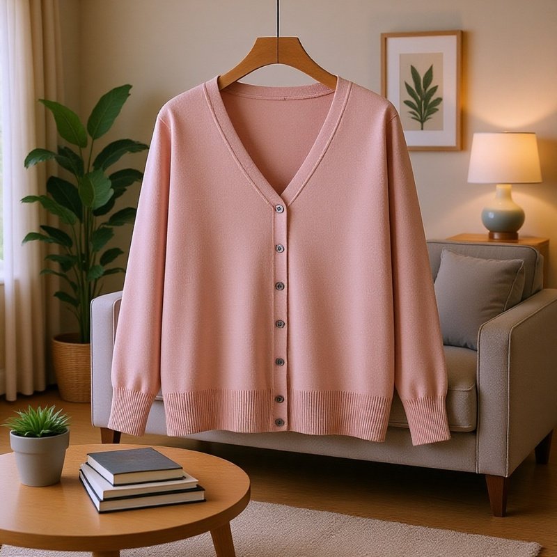 シンプルな無地長袖ニットカーディガン女性用