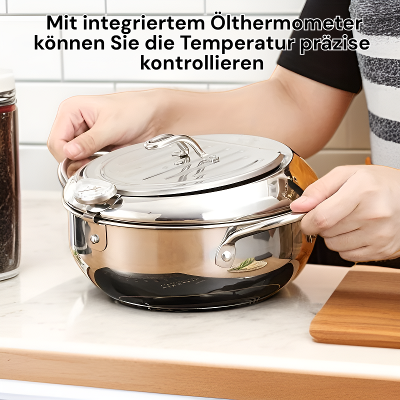 Fritteuse aus Edelstahl 304 mit Ölthermometer und Abtropfgestell
