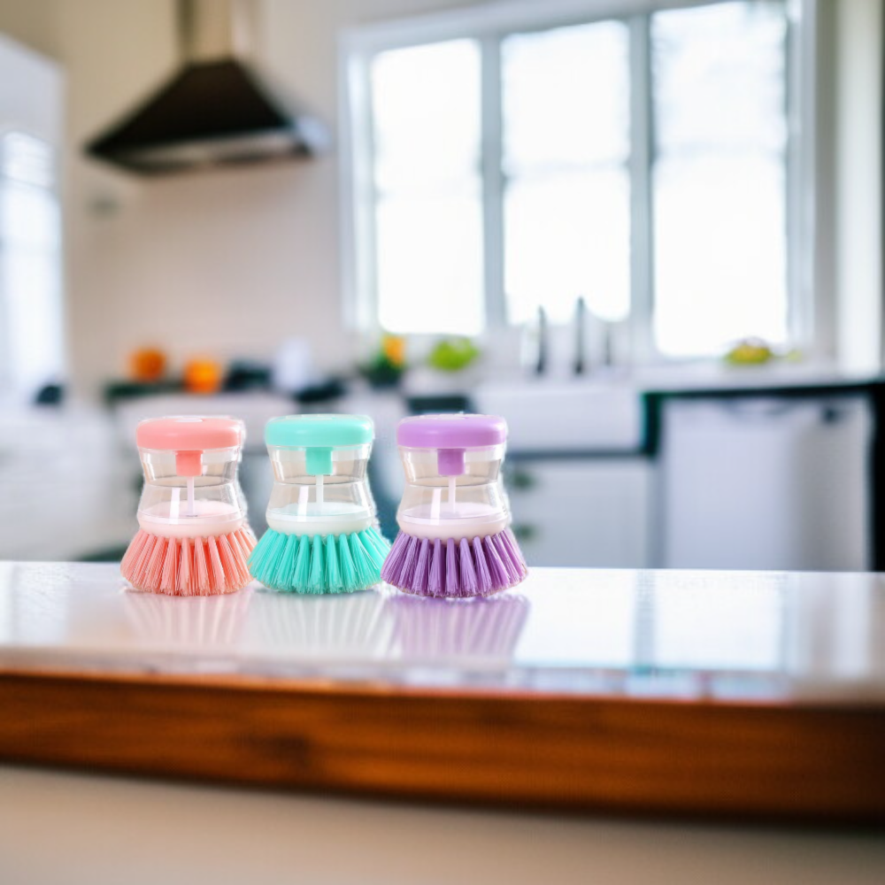 Juego de 3 cepillos automáticos para lavar platos con detergente, colores rosa