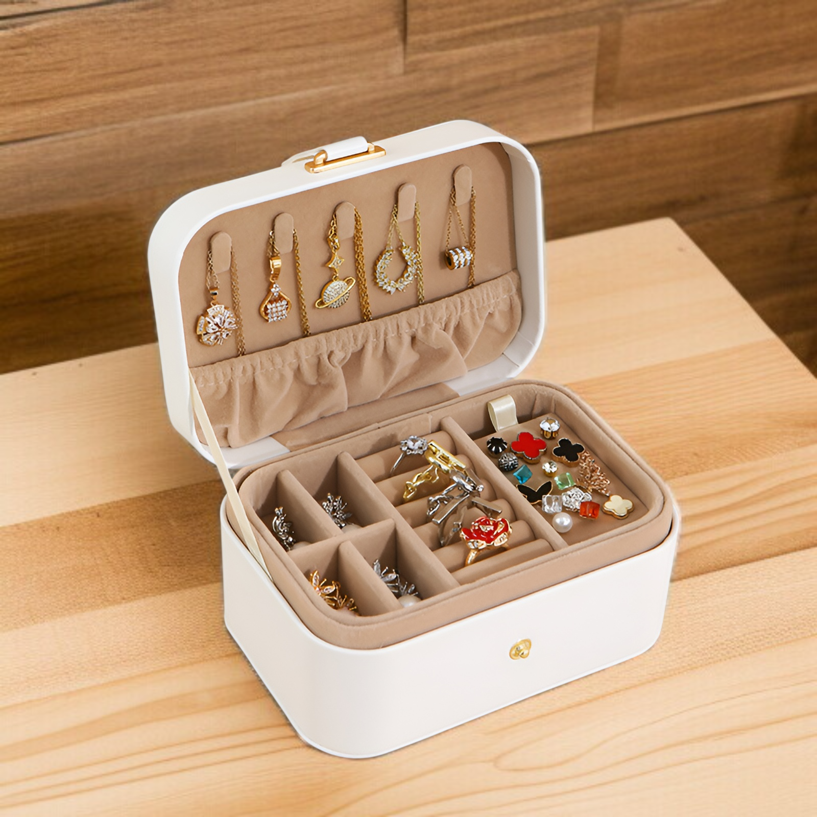 Caja de almacenamiento de joyas de viaje portátil de dos capas para collares, aretes y anillos